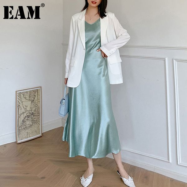 

[eam] women green ruffle slim elegant spaghetti strap dress v-neck sleeveless loose fit fashion spring summer 1dd7323 21512, Black;gray