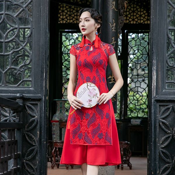 

red chinese dress qipao lace mandarin collar short sleeve chinese traditional dress 2021 summer oriental cheongsam dress 11831