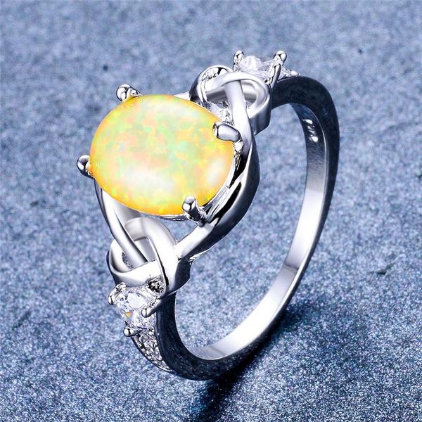 

wedding rings cute female oval birthstone ring yellow green fire opal engagement vintage silver color for women bridal gift, Slivery;golden