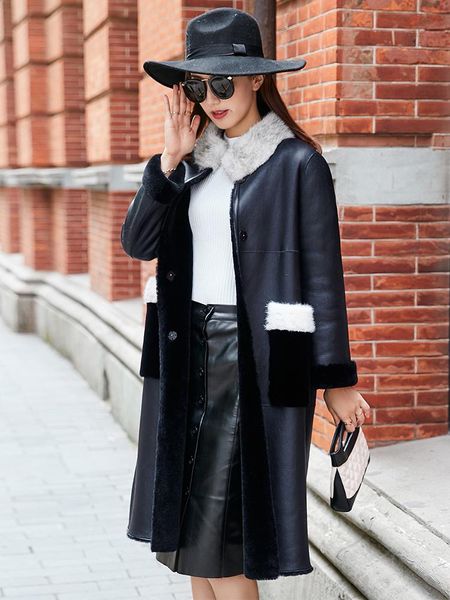 

women's fur & faux double faced real coat winter jacket women mink collar luxury natural wool female leather my, Black