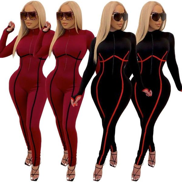 

women's jumpsuits & rompers long sleeve outfit bodycon jumpsuit women zip up club outfits fall winter patchwork wor, Black;white