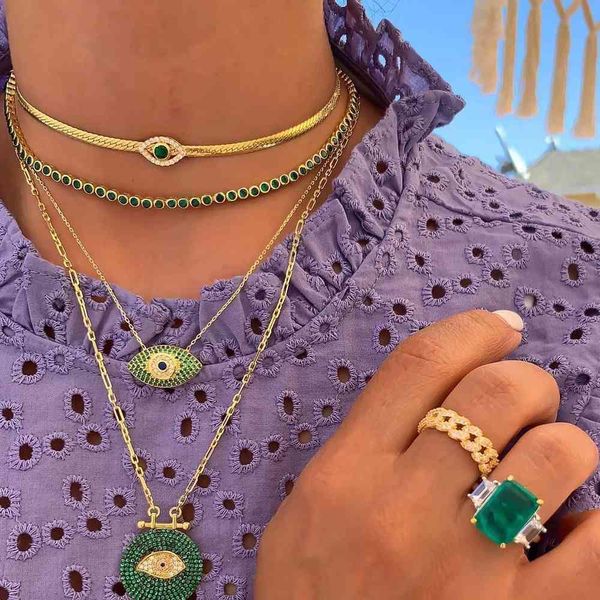 Collana con ciondolo con ciondolo portafortuna malocchio verde cz di alta qualità per donna, gioielli con catena a forma di serpente a strati, girocollo