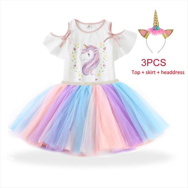 

girls children unicorn costume summer girl dresses tutu kids princess rainbow casual birthday party fancy 3pcs, Red;yellow