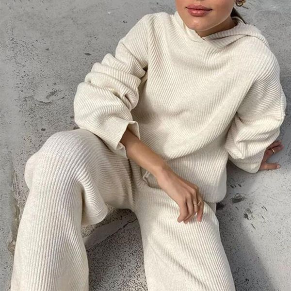 

women's two piece pants sets women 2021 autumn winter knitted soft pajamas casual solid loose hooded and wide leg suit sportswear, White