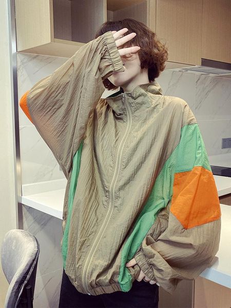 

women's jackets [ewq] 2021 autumn stitching contrast color long-sleeved loose plus size bomber jacket stand collar zip shirt coats, Black;brown