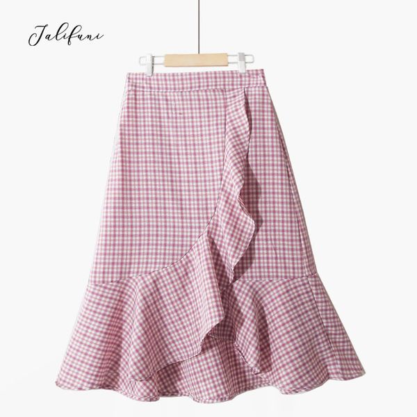

ladies ruffle high waist skirt korean splicing plaid midi chiffon skirt spring summer new arrival fresh and sweet style 210415, Black