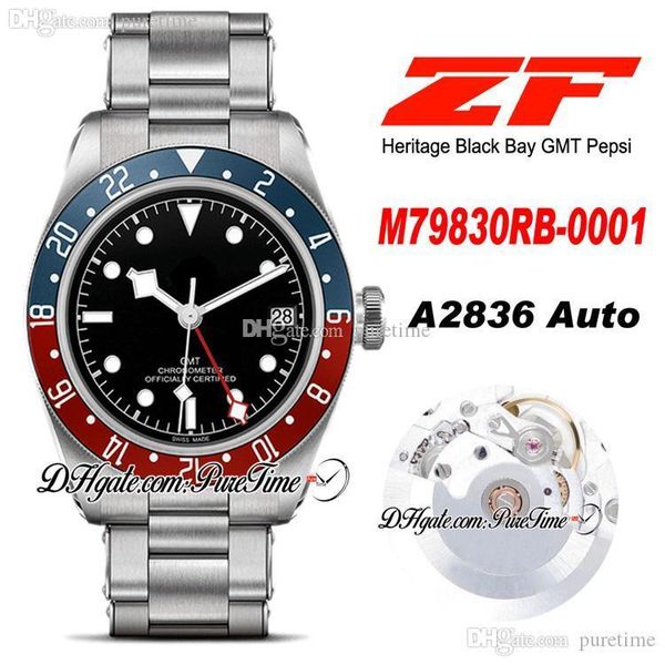 

zf gmt pepsi 41mm a2836 automatic mens watch blue red bezel black dial stainless steel bracelet super edition pttd puretime c02, Slivery;brown