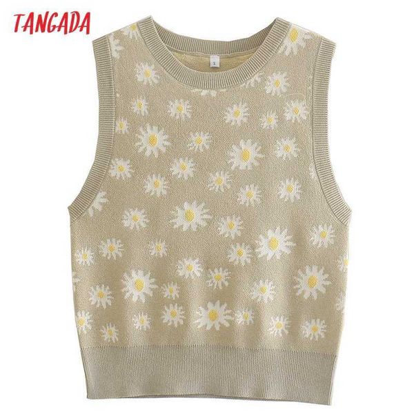 

tangada women vintage flowers pattern knitted vest o neck sweater sleeveless female waistcoat qj34 210609, White
