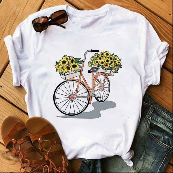 

bike sunflower print women t shirts short sleeve o neck loose tee clothes camisetas mujer, White