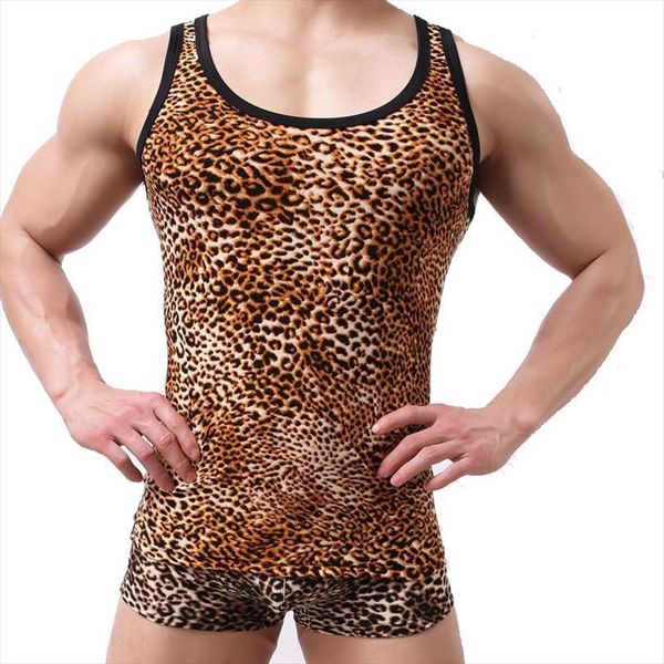 

men leopard tank underwear sets tight fitting sleeveless tanks fitness shirt bodyshaper undershirt boxer vest suit, White;black