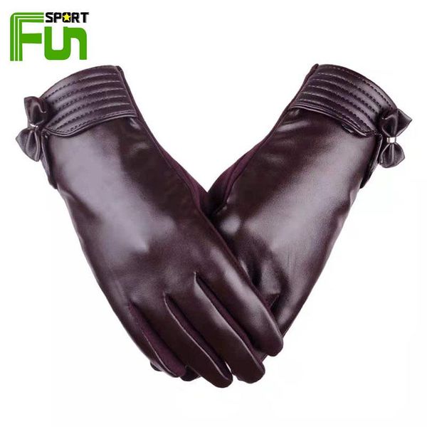 

cycling gloves starfun ladies outdoor pu leather driving autumn winter warmer windproof mitten plush fashion touch screen, Black