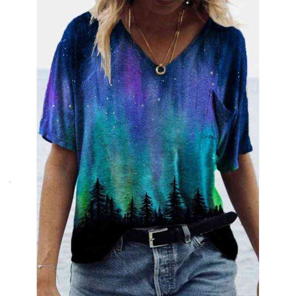 

women's t-shirt 2022 summer landscape painting printed v-neck short sleeve t-shirt women, White