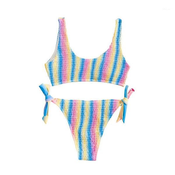 

women's swimwear 2 pcs women bathing suits, adults colorful striped v-neck bikini bra + tie-up thong, White;black