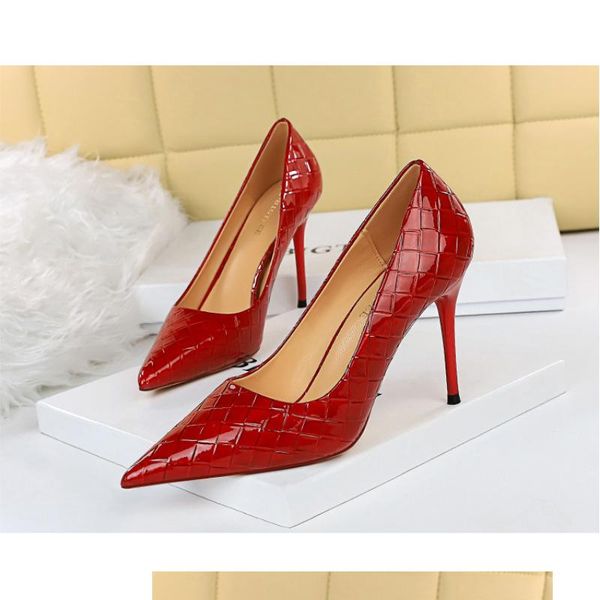 

dress shoes women high heels woven pattern pumps 9.5cm red patent leather stiletto heeled size 43 black pointed embossing ladies 34