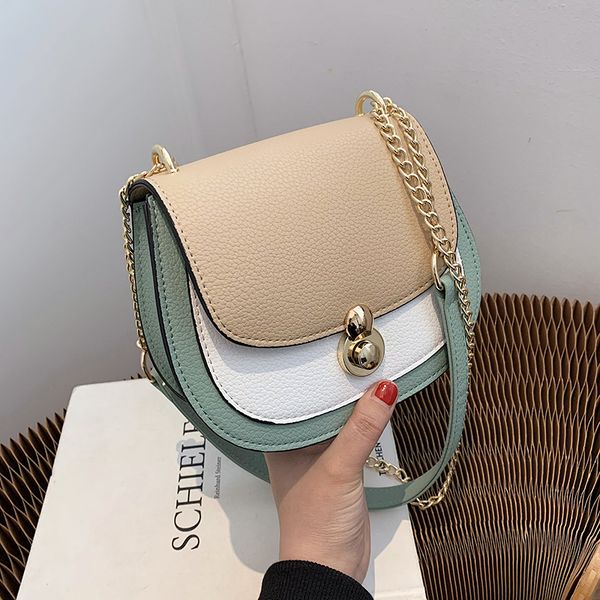

color contrast small pu leather saddle crossbody bags for women 2021 spring luxury trendy chain shoulder handbags and purses l00