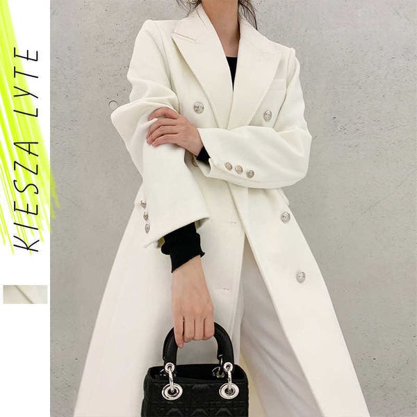 White Woolen Overcoat Mulheres Longo Outono Inverno Espesso Dupla-Breasted Lã Casaco Feminino Runway Fashion 210608