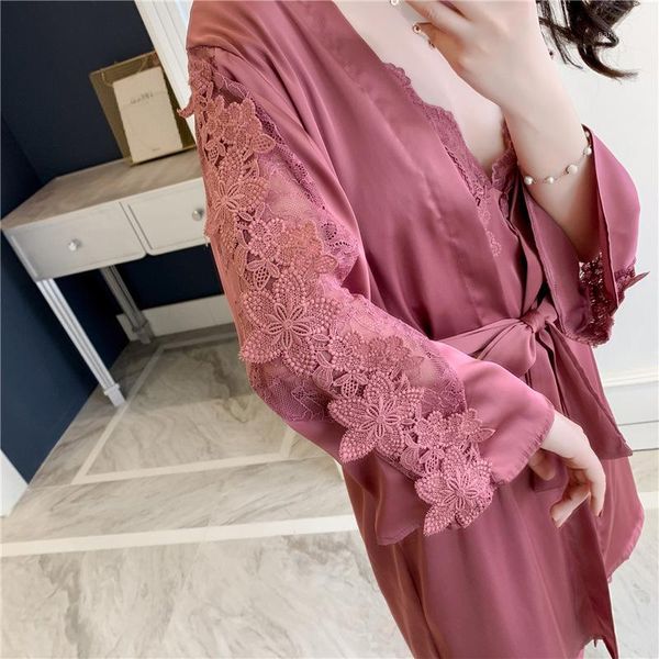

women's sleepwear autumn lace women robe set with chest pad nightdress cardigan embroidery applique cutout sleeves sets, Black;red