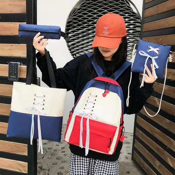 

4pcs/set women lovely school backpack canvas schoolbag for teenager girls shoulder bag pencil case mochila bags