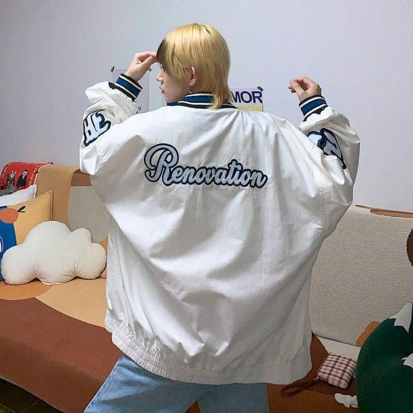 

hp1pwhite baseball uniform jacket energetic men and women 2020 new korean clothing aesthetic loose letter embroidery jacket women, Black;white