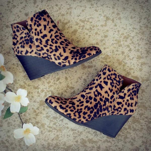 

boots pointed toe booties winter women leopard ankle footwear platform high heels wedges shoes woman bota feminina, Black