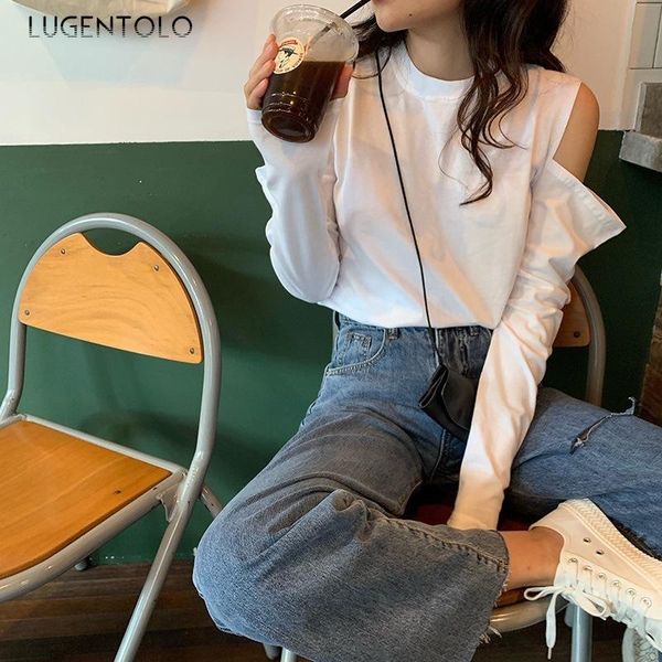 

women's t-shirt women autumn loose solid color tshirt long-sleeved female all-match exposed bottoming t-shirts lugentolo, White