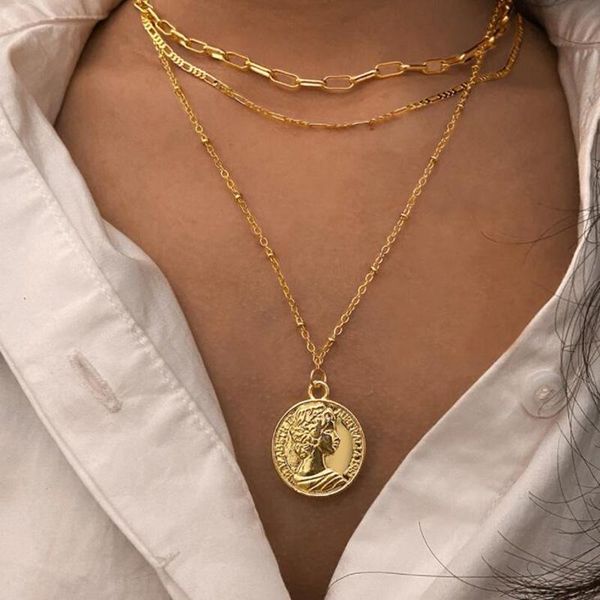 

pendant necklaces ladies trendy geometric round head portrait women's multi layer gold link chain necklace jewelry gifts, Silver
