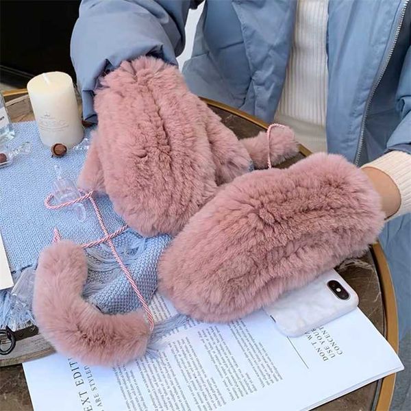 Frauen Winter Echte Rex Kaninchen Pelz Handschuhe Warme Dicke Damen Fäustlinge Elastische Mädchen Ski Handschuh Mitts Weiche Mit String 211223