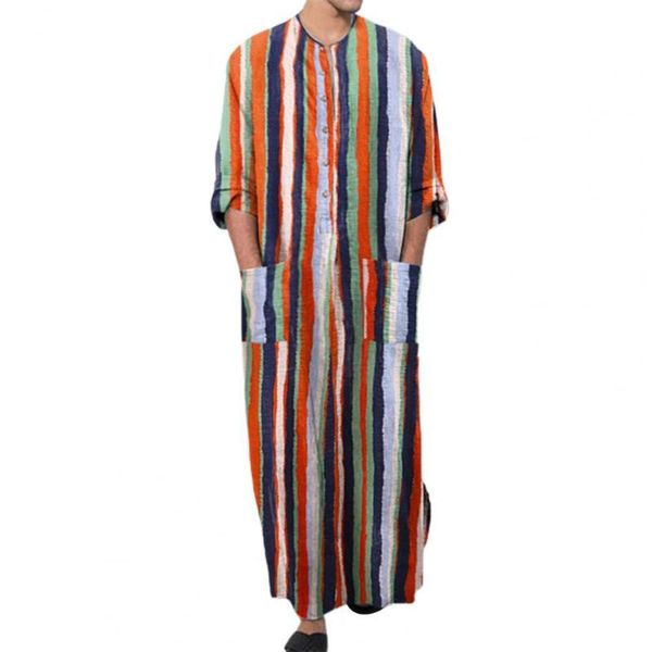 

men's sleepwear men shirt robe 2021 gown colorful striped pockets single-breasted round neck soft long for daily wear, Black;brown