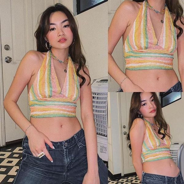 

women's t-shirt party contrast lines lace halter tank multicolor, White