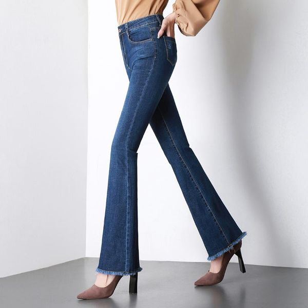 

women's jeans high waist edging micro-horn women spring and autumn slim straight small speaker wide leg trousers, Blue