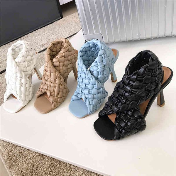 

sandals spring/summer women weave design open toe slip on thin high heels party pumps beige/white/black/blue dress shoes 35-40 mf5