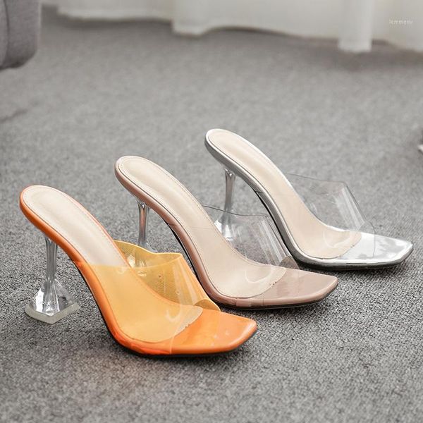 

women sandals pvc slip on 11cm thin heels high square toe shallow shoes sandalias mujer 2021 size 35-42 orange1, Black