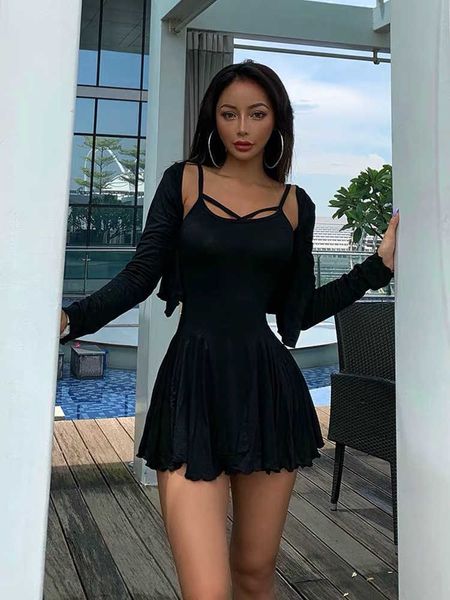 

xibani women two piece cotton suit skirt short cardigan long sleeve low chest cross suspender pleated slim nightclub 210604, White