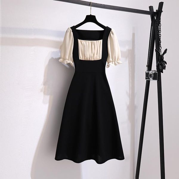 

plus size dresses summer lotus leaf sleeve dress female oversized women's french fashion korean a-line stitching square collar, Black