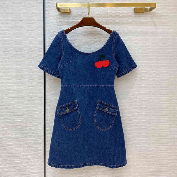 

dress sweet blue denim dress women summer short sleeve pockets cute cherry embroidery high-end designer casual jeans dresses, Black;gray