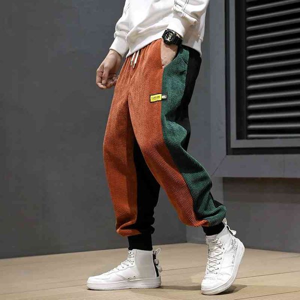 

autumn winter fashion men jeans loose fit spliced designer casual harem pants elastic waist hip hop corduroy joggers pants men, Blue