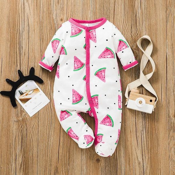 Baby Watermelon Print Footies Autunno 2021 Abbigliamento per bambini 0-2T Vestiti per neonati Tute a maniche lunghe in cotone per bambini piccoli