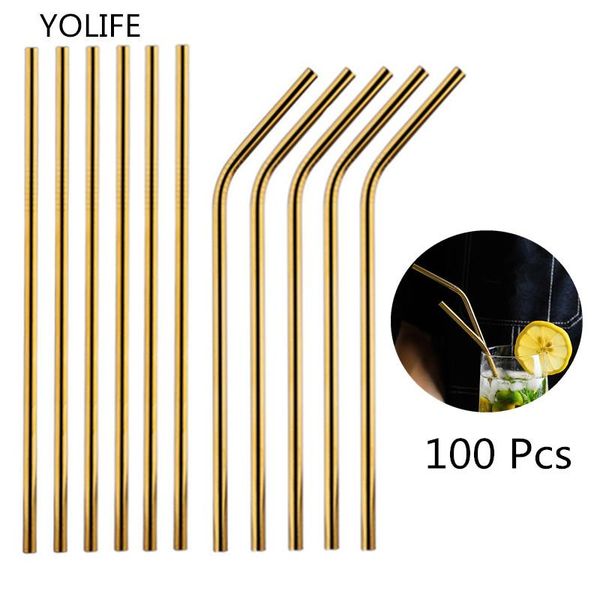 

drinking straws gold 100pcs/set metal straw reusable wholesale stainless steel tubes 215mm straight bent for drink