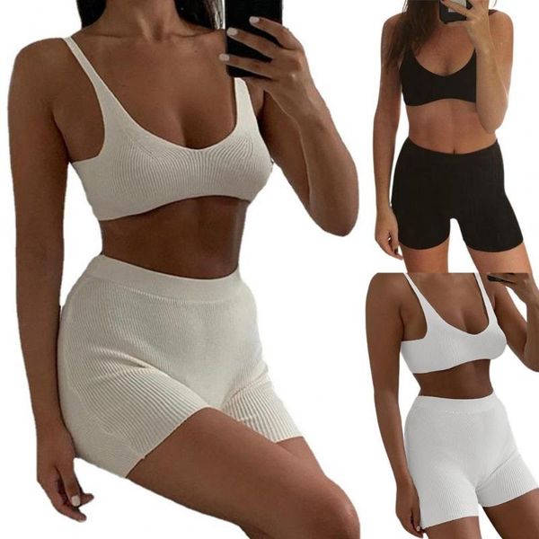 

women's tracksuits ribbing solid color vest shorts set two pieces v-neck strap elastic waist for lounge, Gray