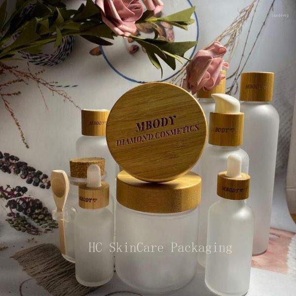 

storage bottles & jars wholesale custom logo sell frosted glass cream skin care containers with bamboo cap for face cosmetic packaging