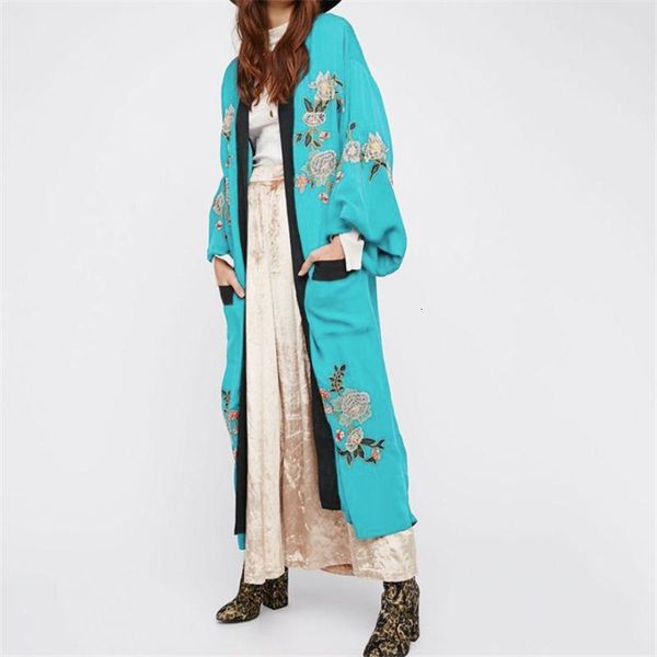 

women's blouses & shirts lake blue bohemian embroidered long sleeve kimono cardigan plus size beachwear women and camisas mujer n1019, White