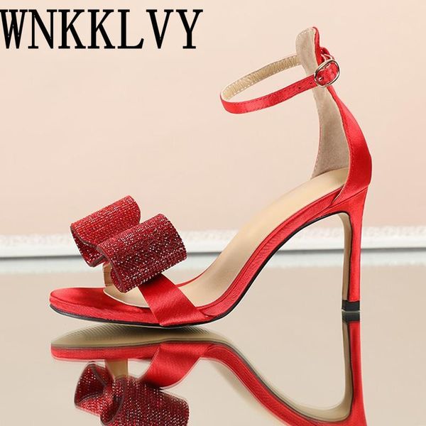 

sandals women high heels shoes shiny crystal rhinestone bow knot ankle strap summer dress banquet bridal wedding sandalias 2021, Black