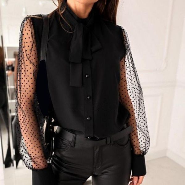 

women see through dot print mesh long sleeve buttons bowknot shirt blouse office lady streetwear women's t-shirt, White