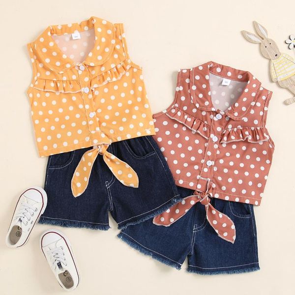 

clothing sets kids baby girls summer sleeveless dot t-shirts bow lacing denim shorts pants toddler children clothes 2pcs 1-5y, White
