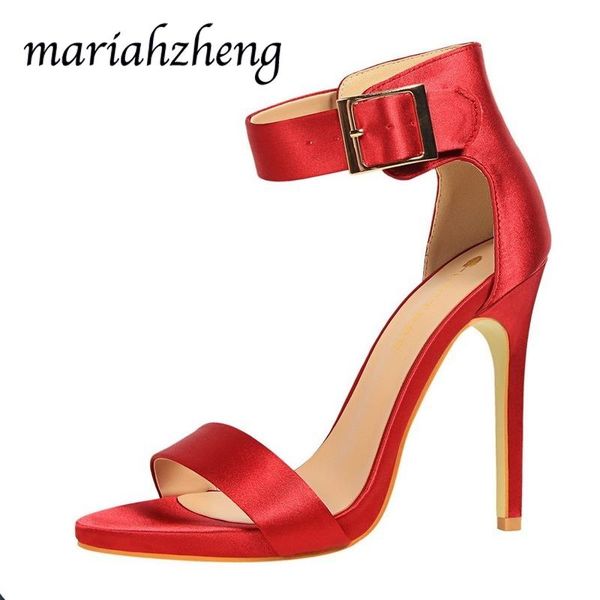 

meriahzheng 11cm fashion simple fine heel women's shoes ultra-high satin metal belt buckle word strap women sandals ds dress, Black