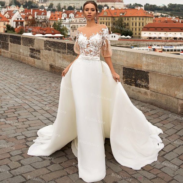 Illusion Top кружева русалка свадебное платье с съемным поездом летние богемные свадебные платья половина рукава атласная страна невесты платья Vestido de Novia