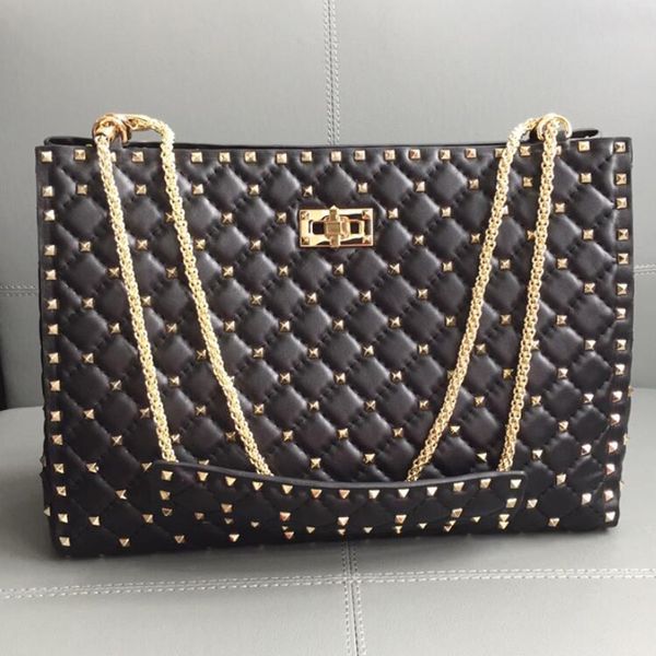 

rivet tote shopper bag handbags large capacity shoulder bags sheepskin genuine leather golden nails twist hasp fashion letter chain handbag