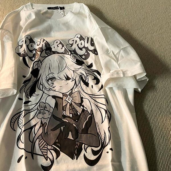 

women's t-shirt harajuku t shirt aesthetic gothic punk cartoon short sleeve o-neck women drop summer loose oversize street clothes, White