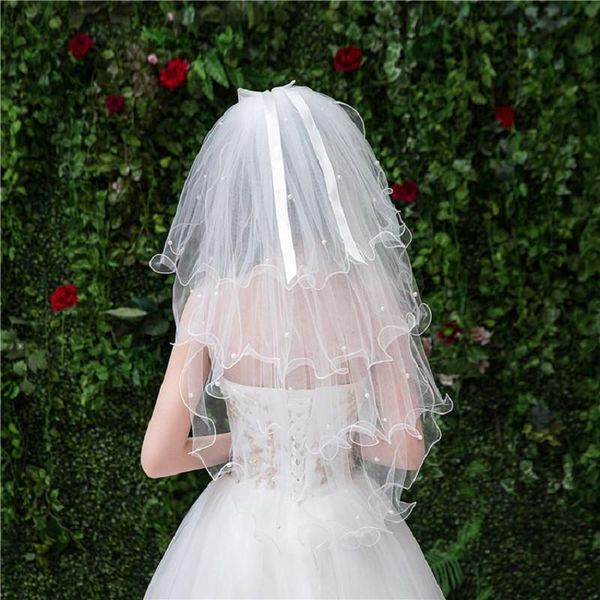 

bridal veils luxury four layer short pearls beaded wedding veil elbow length with comb puffy spring bride bow, Black
