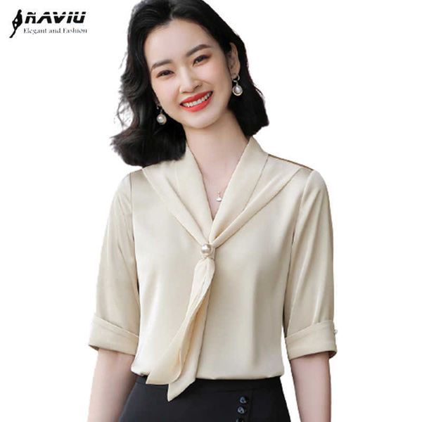 

naviu summer half sleeve bow tie blouses pure color office lady formal wear women pullover shirt 210604, White